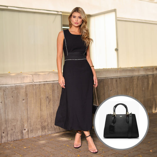 VESTIDO ALFAIATARIA DETALHE VIÉS PRETO + BOLSA PRETA