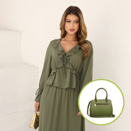 CONJUNTO SAIA BOHO CHIC VERDE + BOLSA VERDE